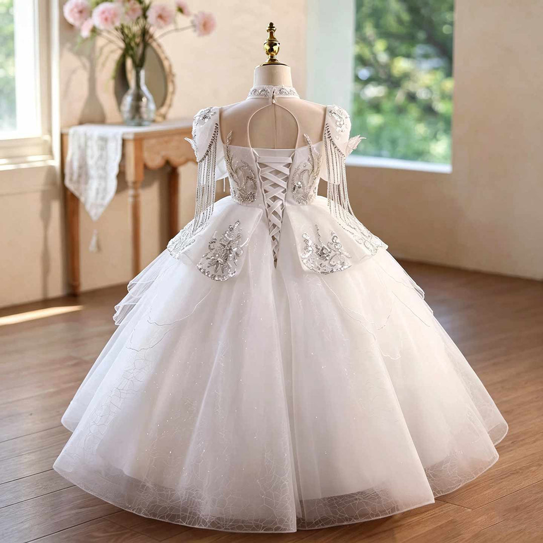 Girls White Sequin Ball Gown High Neck Flower Girl Dress for Pageant Wedding D373