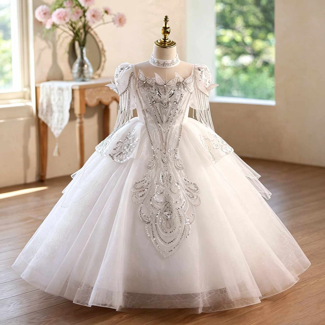 Girls White Sequin Ball Gown High Neck Flower Girl Dress for Pageant Wedding D373
