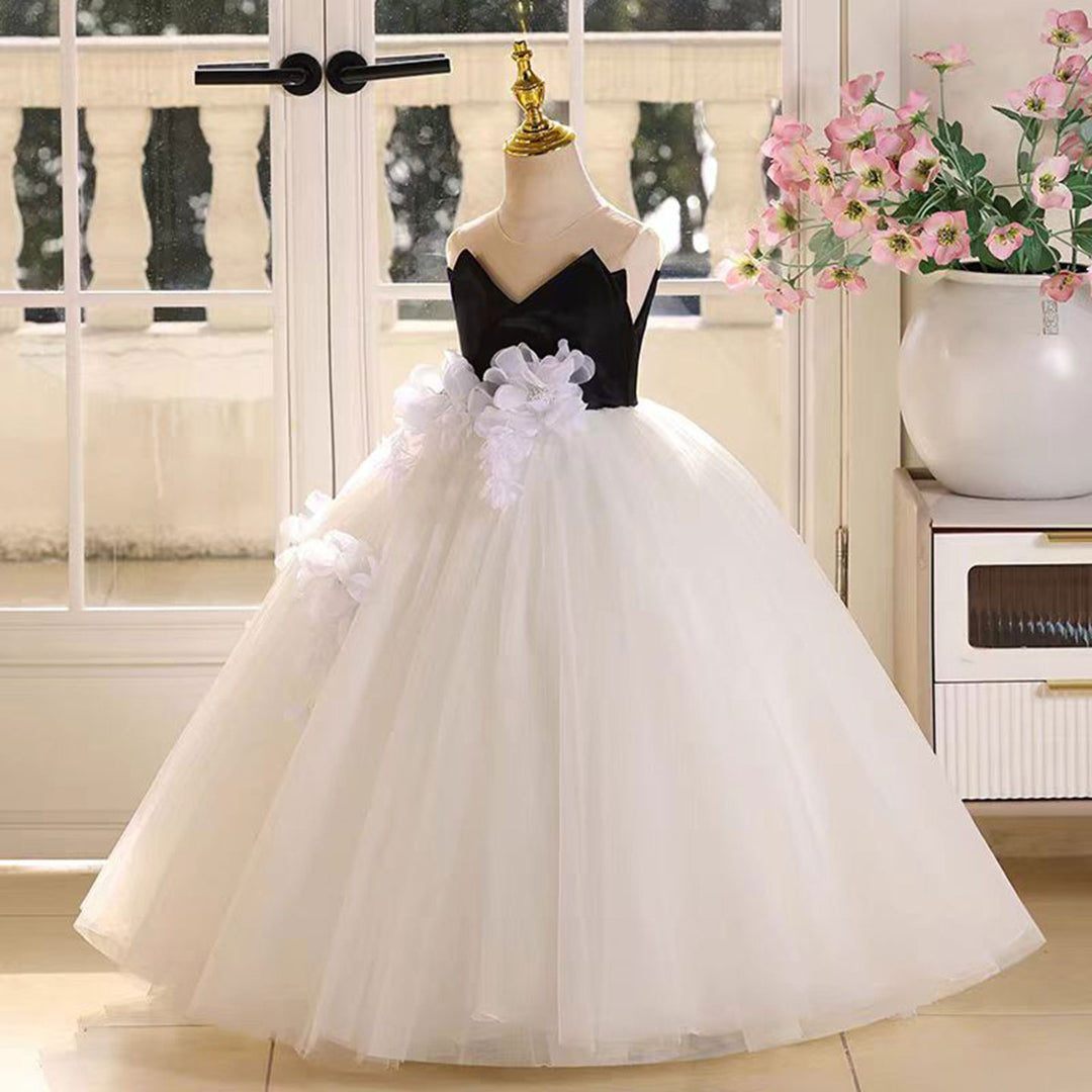 Applique Black Top White Tulle Flower Girl Dress Sleeveless D021 Applique Black Top White Tulle Flower Girl Dress Sleeveless D021