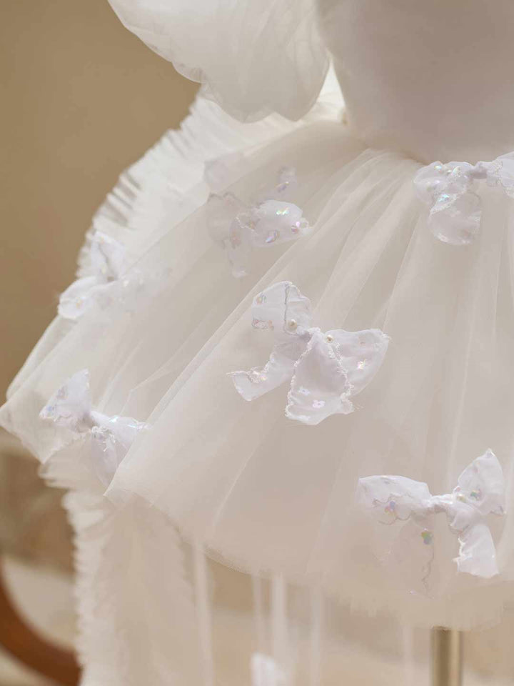 Butterfly Bow Puff Sleeve High-Low Flower Girl Dress with Tulle Train J508