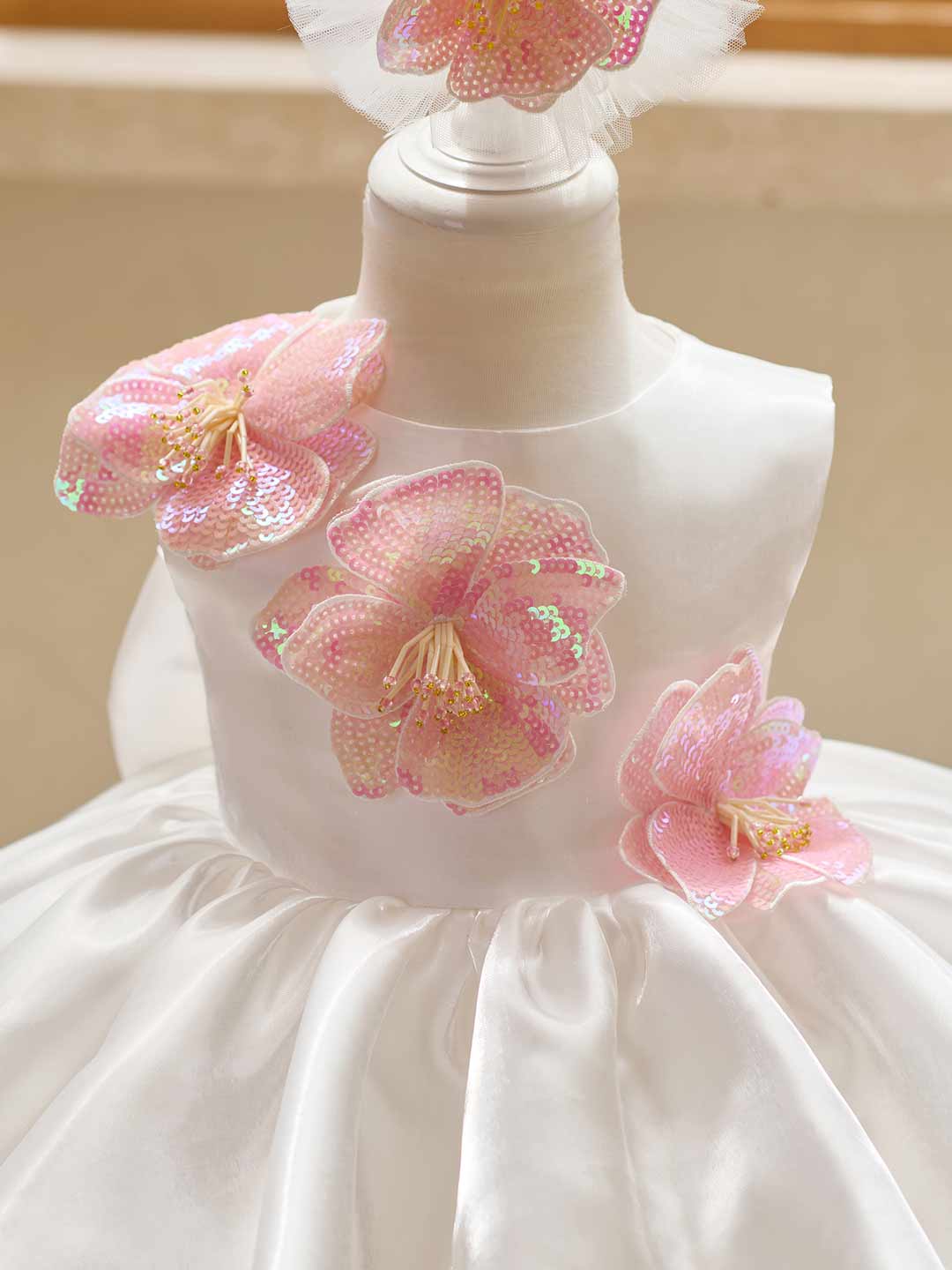 3D Sequin Floral Sleeveless Satin Girls Party Dress J509