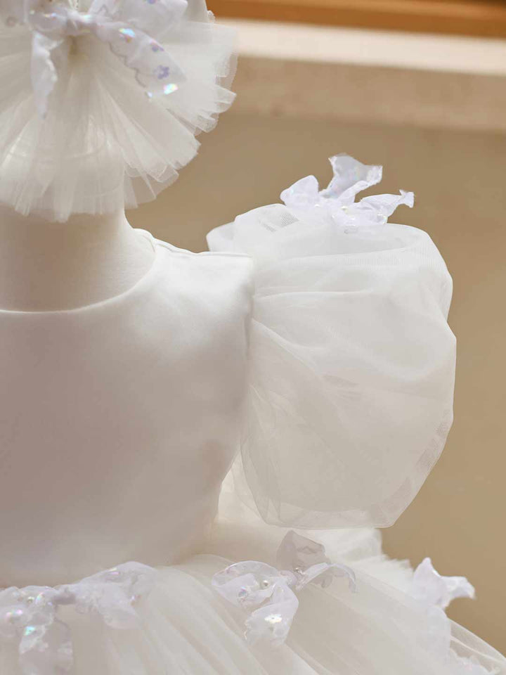 Butterfly Bow Puff Sleeve High-Low Flower Girl Dress with Tulle Train J508