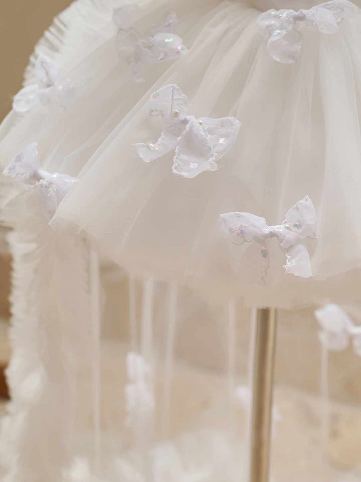 Butterfly Bow Puff Sleeve High-Low Flower Girl Dress with Tulle Train J508