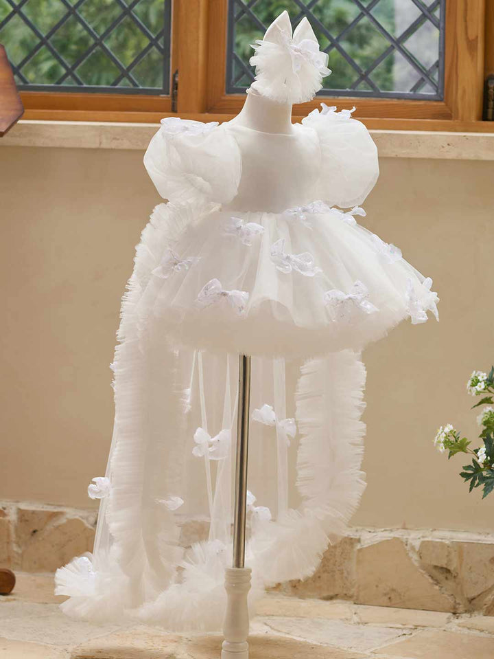 Butterfly Bow Puff Sleeve High-Low Flower Girl Dress with Tulle Train J508