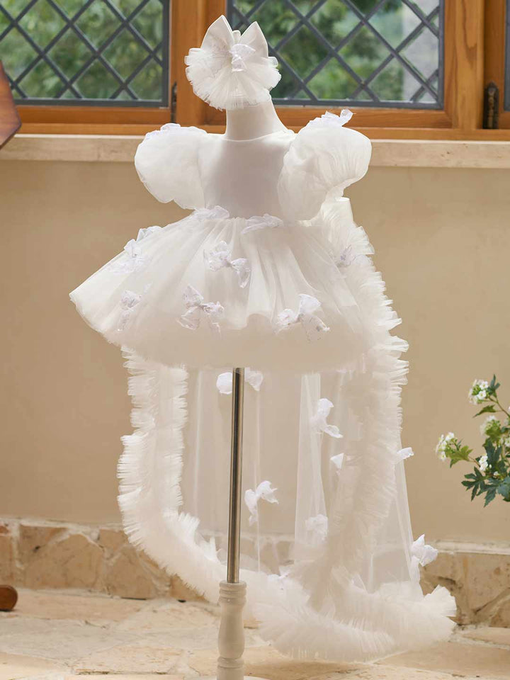 Butterfly Bow Puff Sleeve High-Low Flower Girl Dress with Tulle Train J508