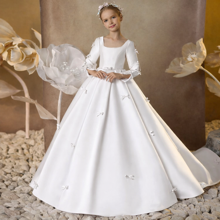 Luxury Pink Satin Girl Dresses Square Collar Long Sleeve J137