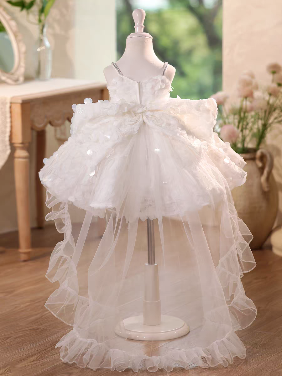 White Flower Girl Dress with Sequined Waist Party Gown D136