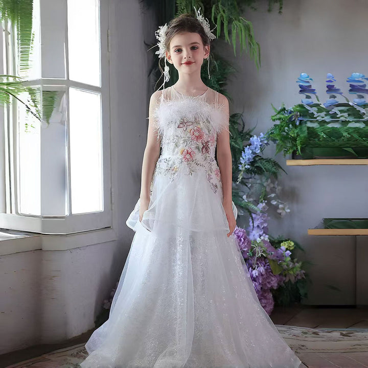 Luxury White Floral Flower Girl Dress with Feathers Princess Gown J351