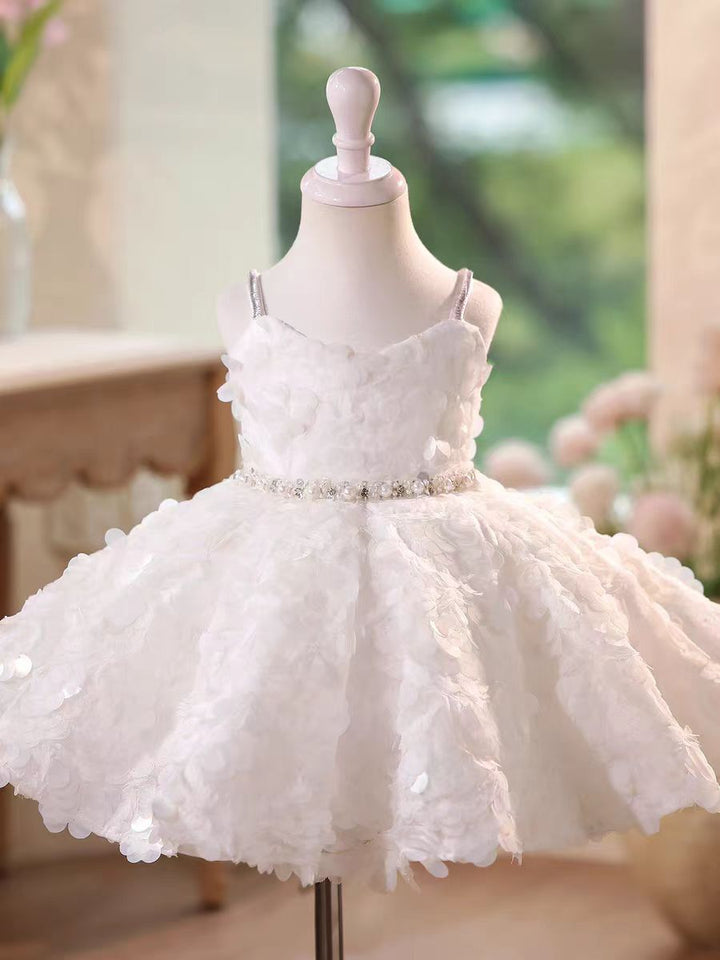 White Flower Girl Dress with Sequined Waist Party Gown D136