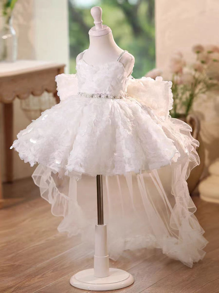 White Flower Girl Dress with Sequined Waist Party Gown D136