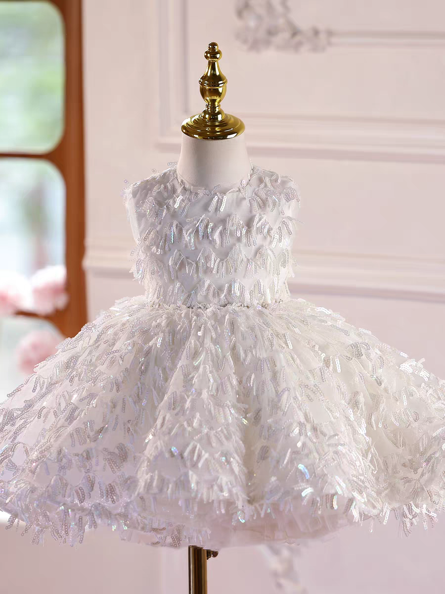 Luxury White Flower Girl Dress with Long Train Birthday Wedding J584