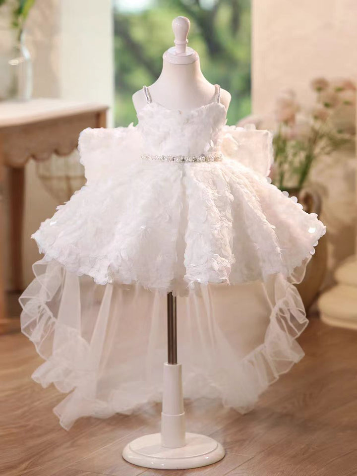 White Flower Girl Dress with Sequined Waist Party Gown D136