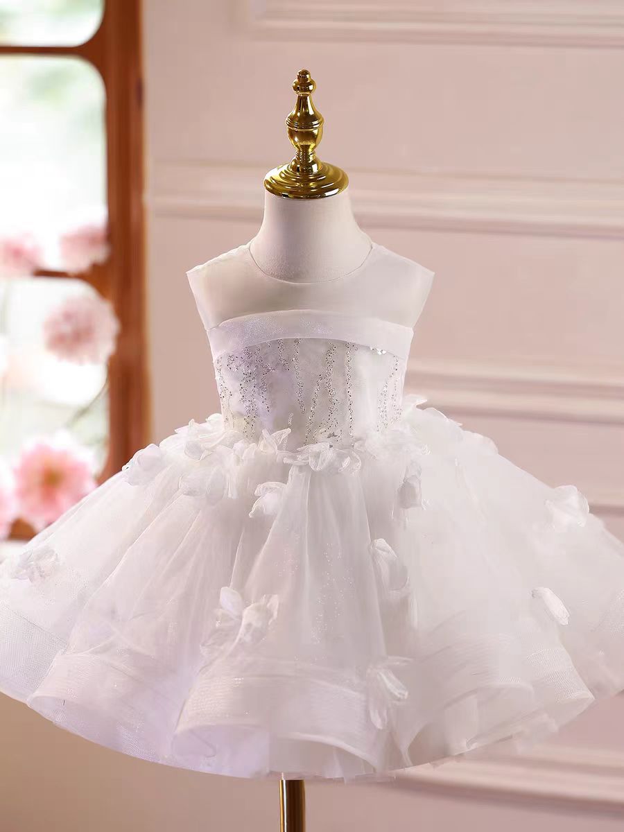 Luxury White Flower Girl Dress with Long Tulle Train D145