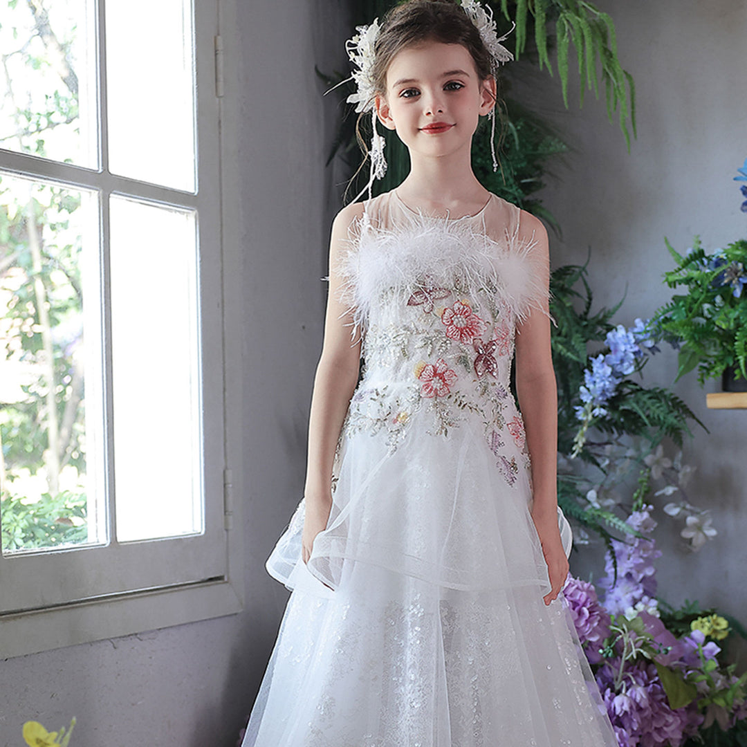 Luxury White Floral Flower Girl Dress with Feathers Princess Gown J351
