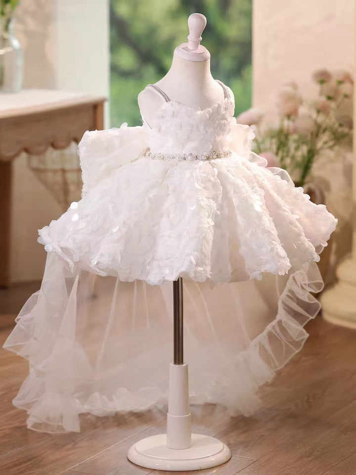 White Flower Girl Dress with Sequined Waist Party Gown D136