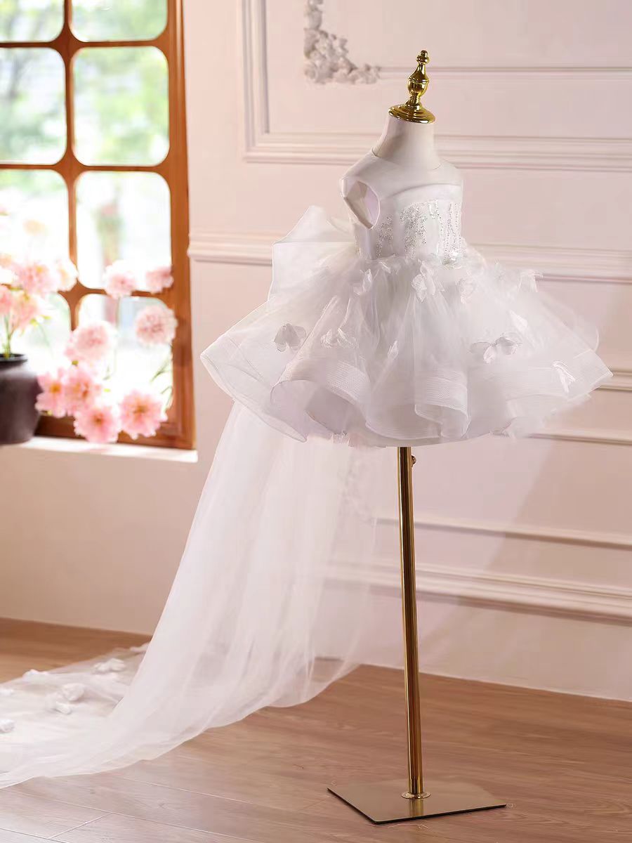 Luxury White Flower Girl Dress with Long Tulle Train D145