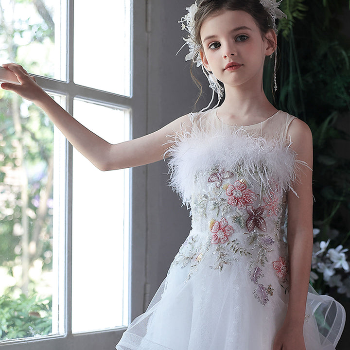 Luxury White Floral Flower Girl Dress with Feathers Princess Gown J351