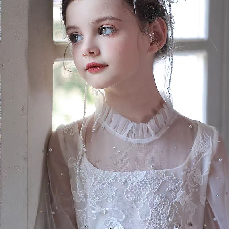 Dreamy White Princess Pageant Dress with Lace and Sleeves J089