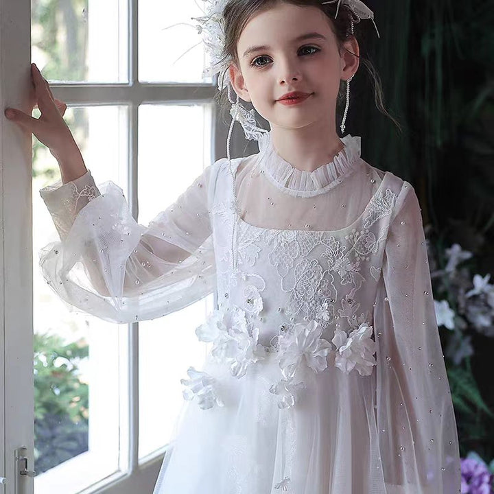 Dreamy White Princess Pageant Dress with Lace and Sleeves J089