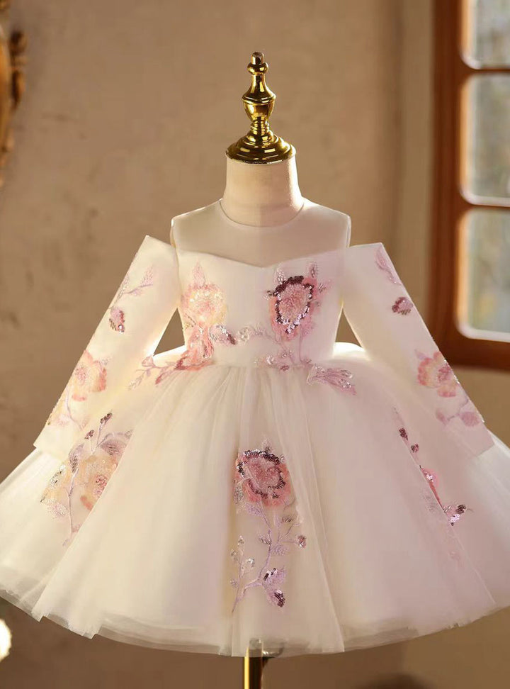 Luxury White Long Sleeve Princess Birthday Flower Girl Dress D212
