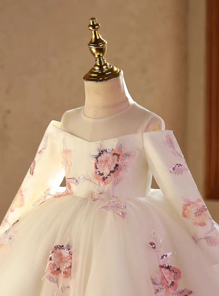 Luxury White Long Sleeve Princess Birthday Flower Girl Dress D212