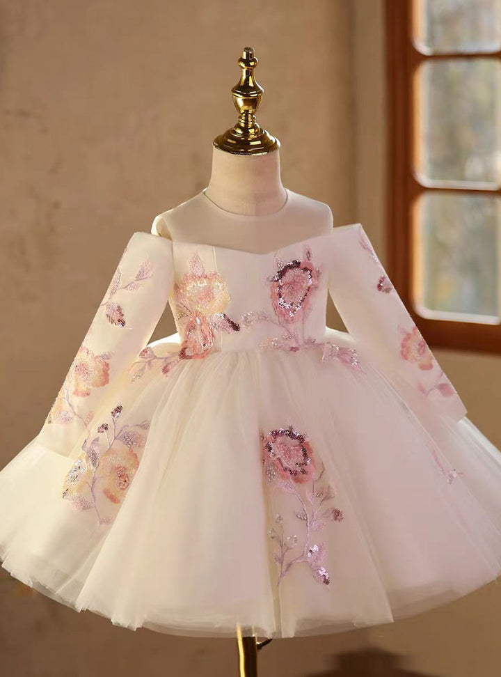 Luxury White Long Sleeve Princess Birthday Flower Girl Dress D212