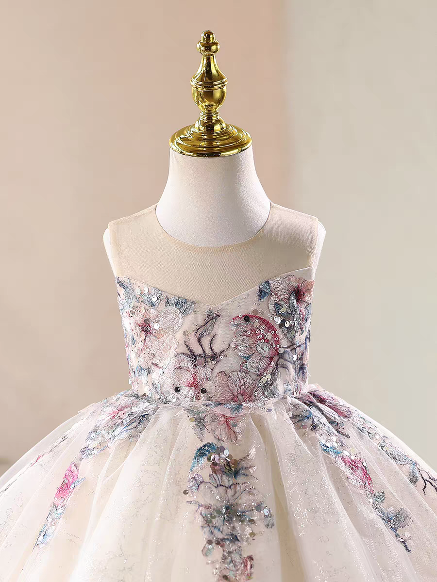 Luxury White Floral Appliqué Girl Dress Princess Birthday Party Gown J871