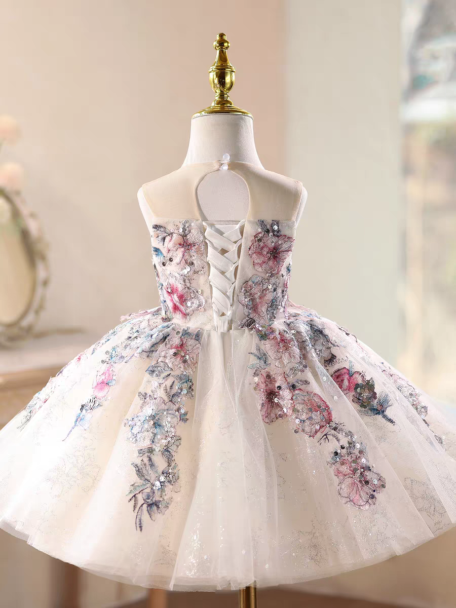 Luxury White Floral Appliqué Girl Dress Princess Birthday Party Gown J871