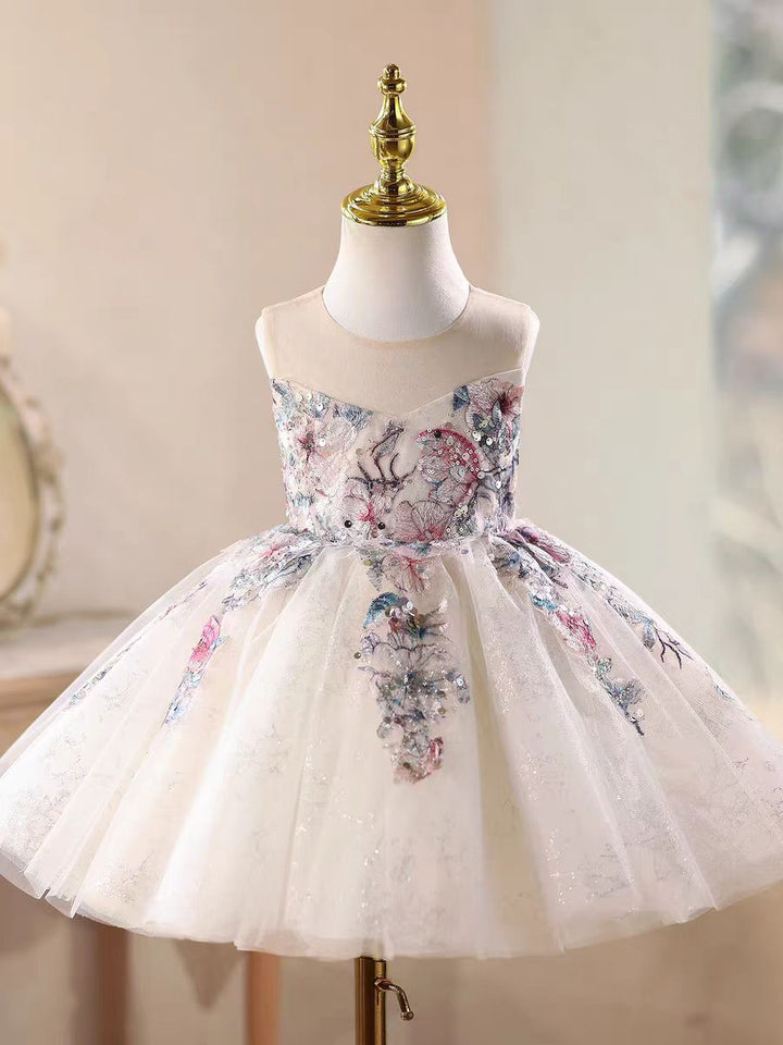 Luxury White Floral Appliqué Girl Dress Princess Birthday Party Gown J871