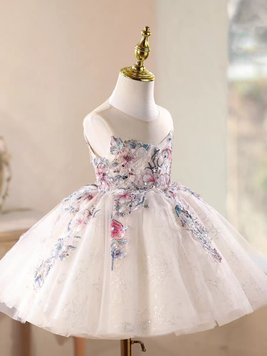 Luxury White Floral Appliqué Girl Dress Princess Birthday Party Gown J871