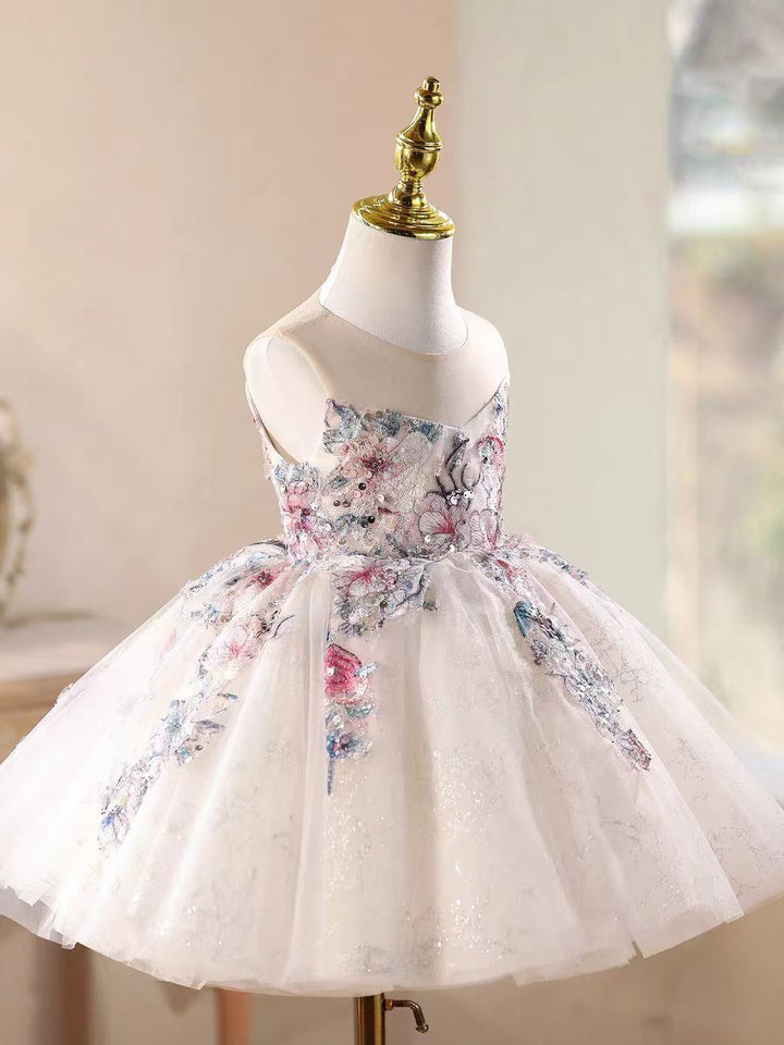Luxury White Floral Appliqué Girl Dress Princess Birthday Party Gown J871