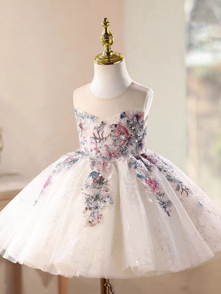 Luxury White Floral Appliqué Girl Dress Princess Birthday Party Gown J871