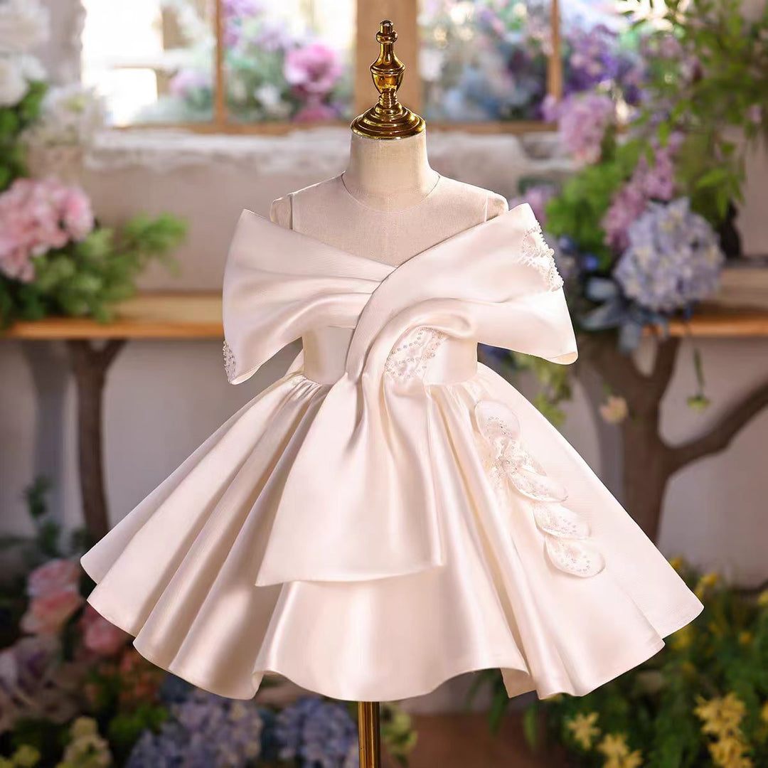 kids white princess dress Elegant Off White Satin Flower Girl Dress Kids Princess Wedding Party Dress D254