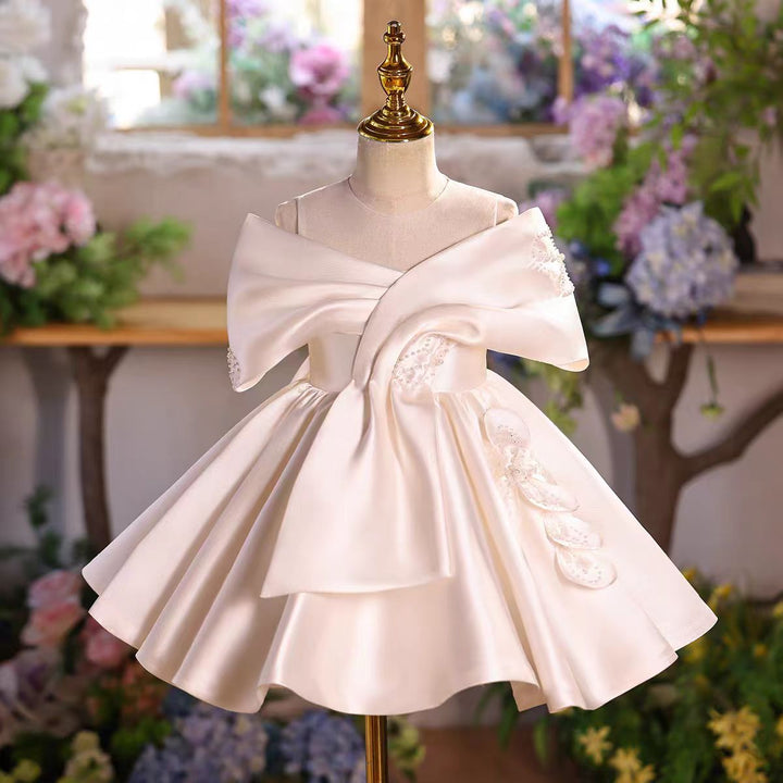 Elegant White Satin Flower Girl Dress Kids Princess Wedding Party Dress D254