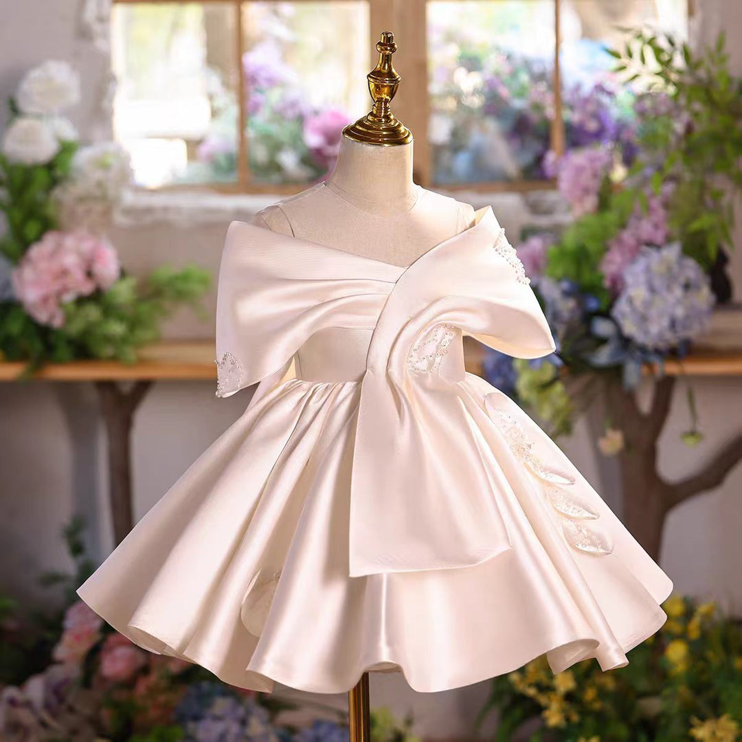 Elegant White Satin Flower Girl Dress Kids Princess Wedding Party Dress D254