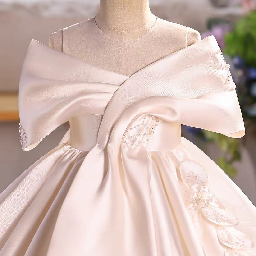 Elegant White Satin Flower Girl Dress Kids Princess Wedding Party Dress D254