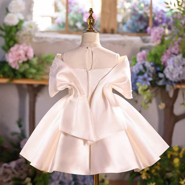 Elegant White Satin Flower Girl Dress Kids Princess Wedding Party Dress D254