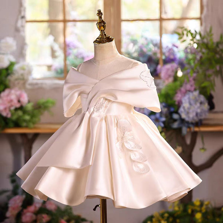 Elegant White Satin Flower Girl Dress Kids Princess Wedding Party Dress D254