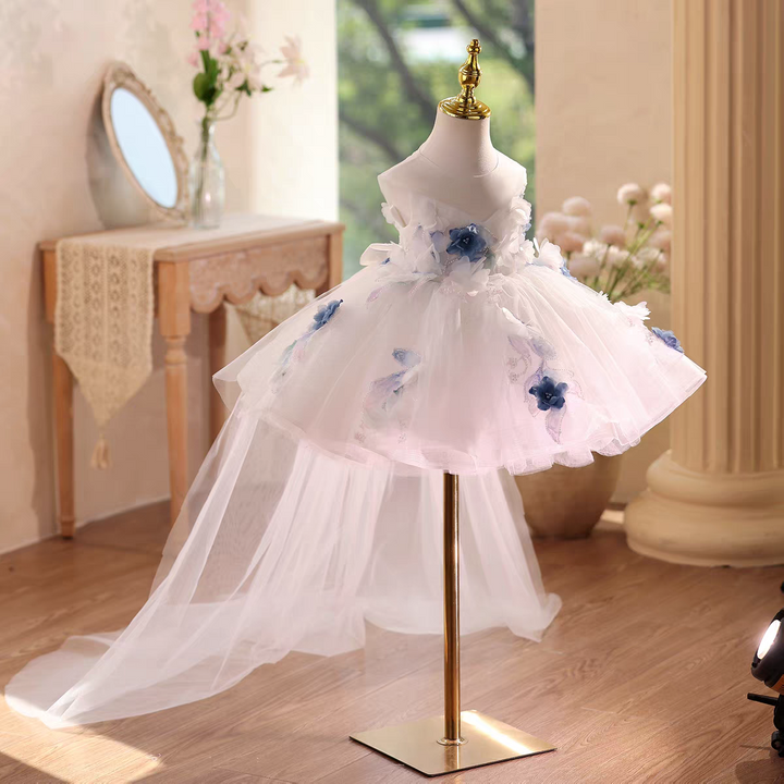 White Flower Girl Dress Knee Length with Floral Lace J569