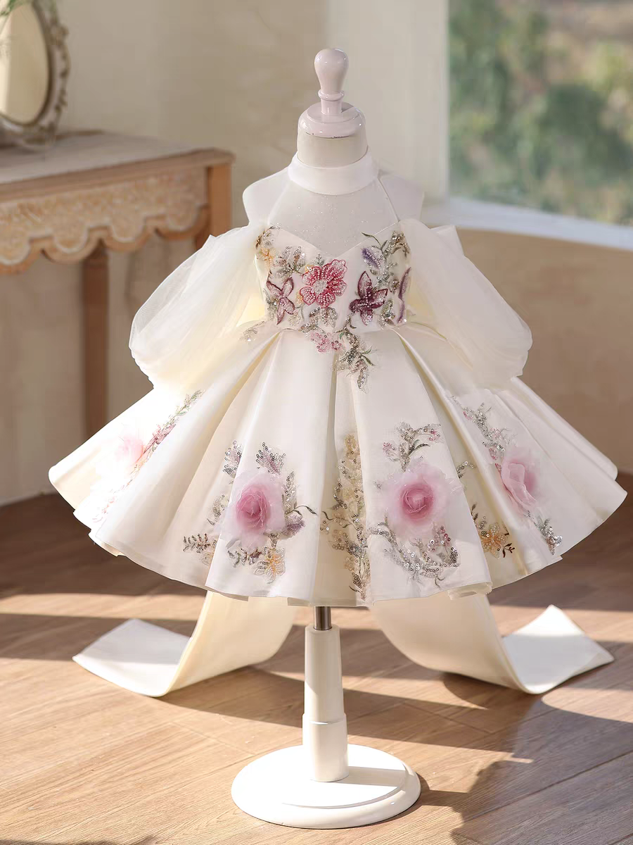 Luxury White Floral Girl Dress with Train Princess Birthday Party Gown D237