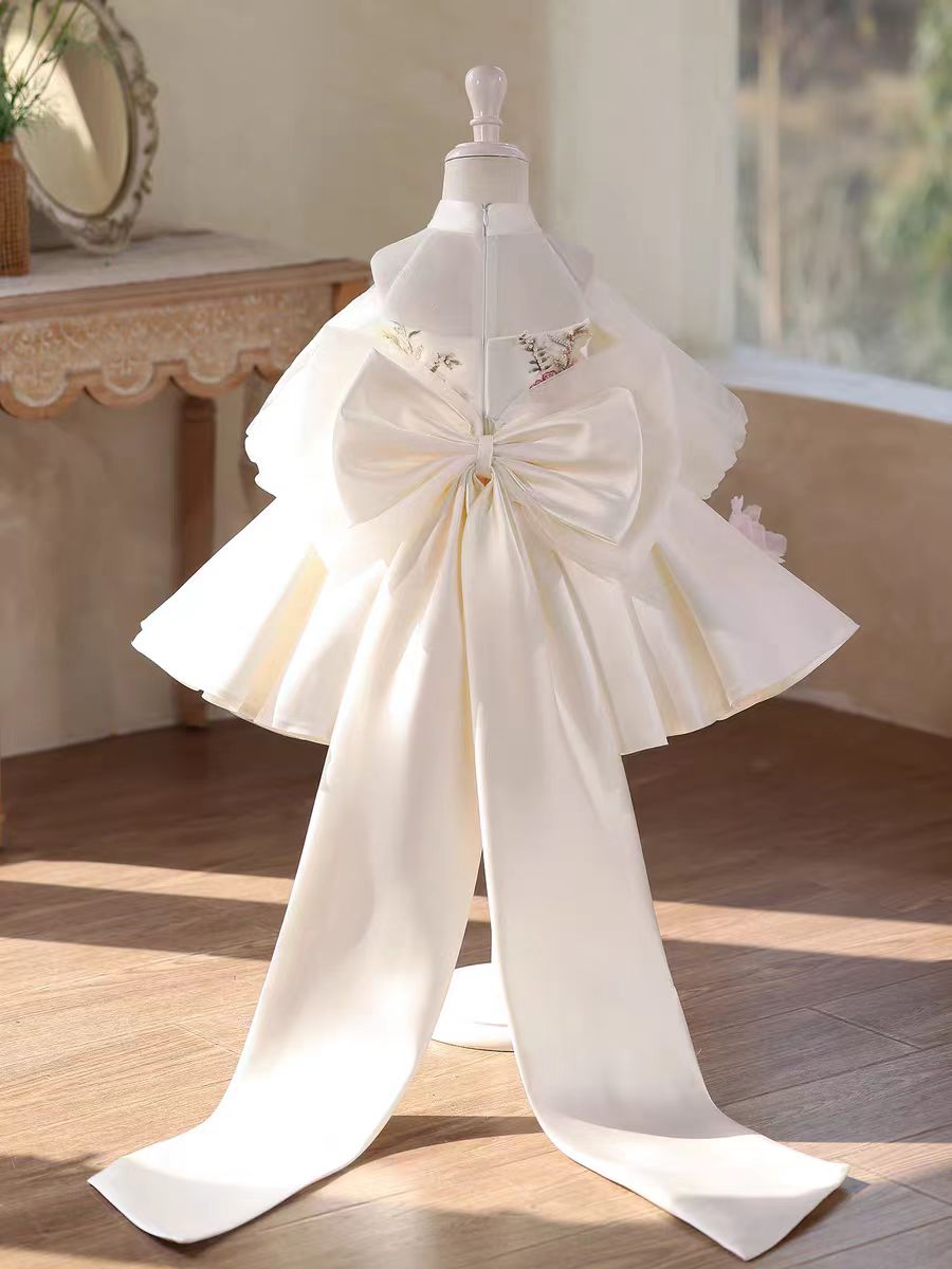 Luxury White Floral Girl Dress with Train Princess Birthday Party Gown D237