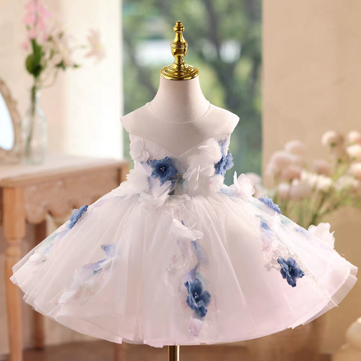 White Flower Girl Dress Knee Length with Floral Lace J569