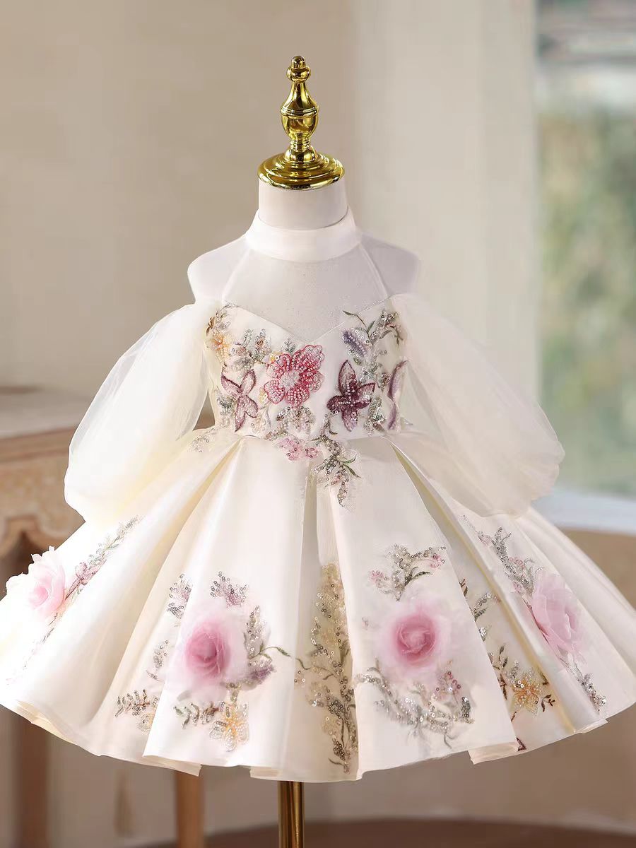 Luxury White Floral Girl Dress with Train Princess Birthday Party Gown D237
