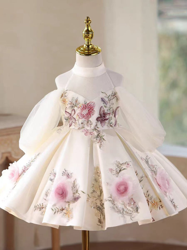 Luxury White Floral Girl Dress with Train Princess Birthday Party Gown D237