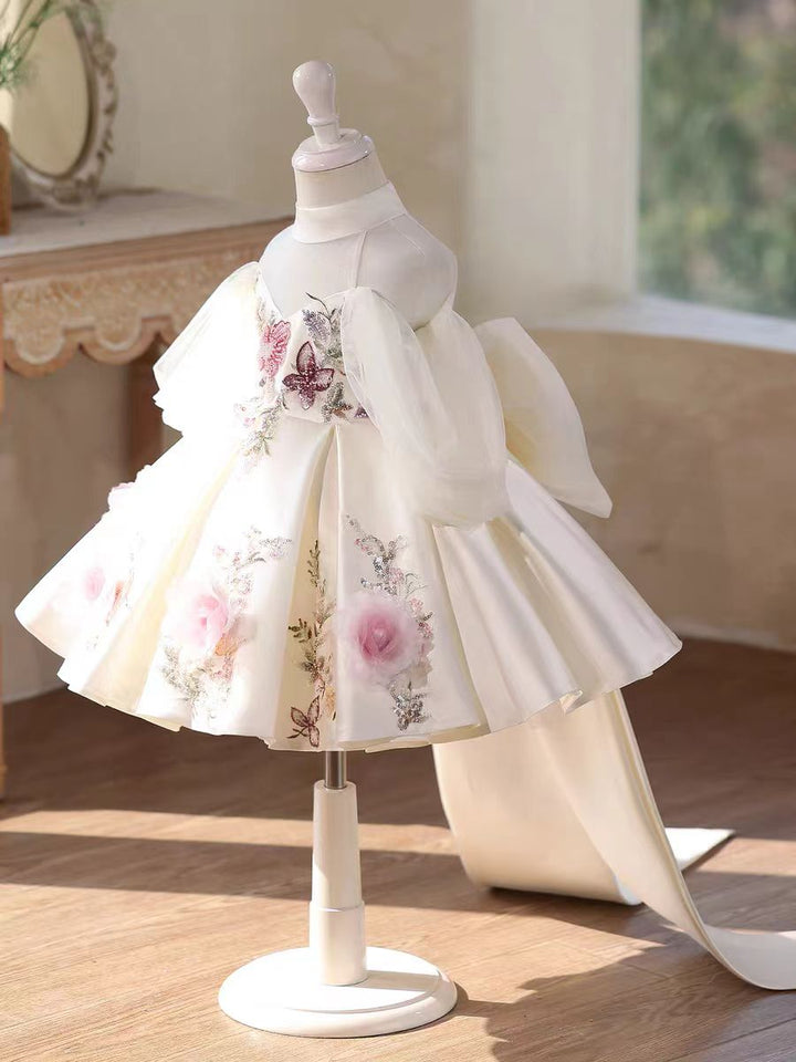 Luxury White Floral Girl Dress with Train Princess Birthday Party Gown D237