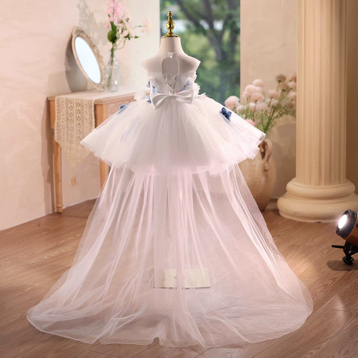 White Flower Girl Dress Knee Length with Floral Lace J569