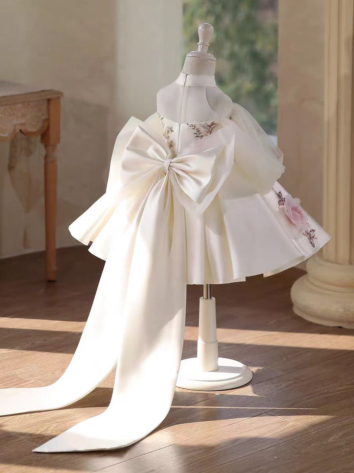 Luxury White Floral Girl Dress with Train Princess Birthday Party Gown D237