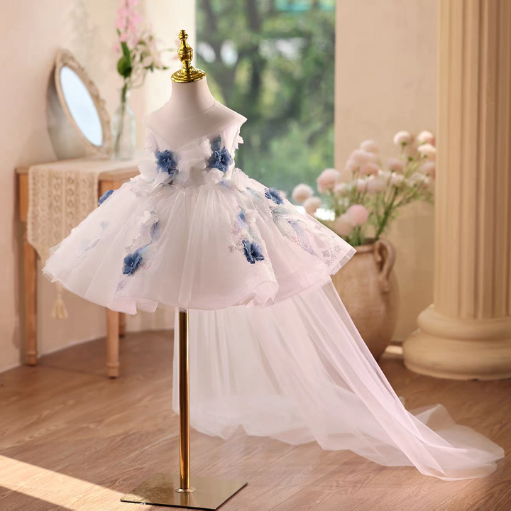 White Flower Girl Dress Knee Length with Floral Lace J569