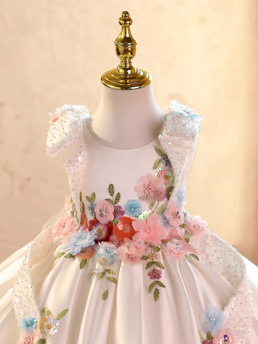 Luxury Blue Satin Flower Girl Dress 3D Floral Princess Birthday Party Gown D236