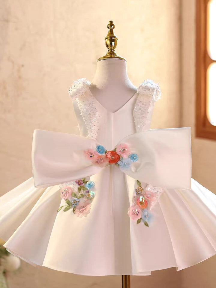 Luxury Blue Satin Flower Girl Dress 3D Floral Princess Birthday Party Gown D236